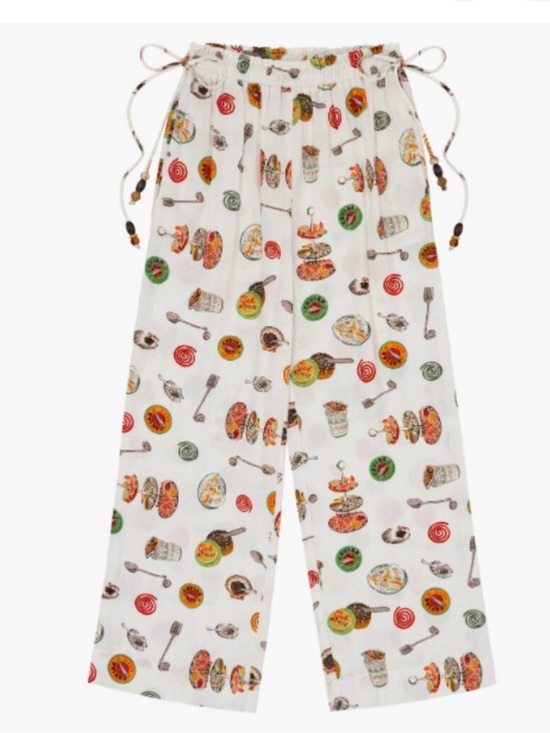 Lisa Says Gah Pants - Lisa Says Gah White Wide-Leg Pants with Colorful Food Print
